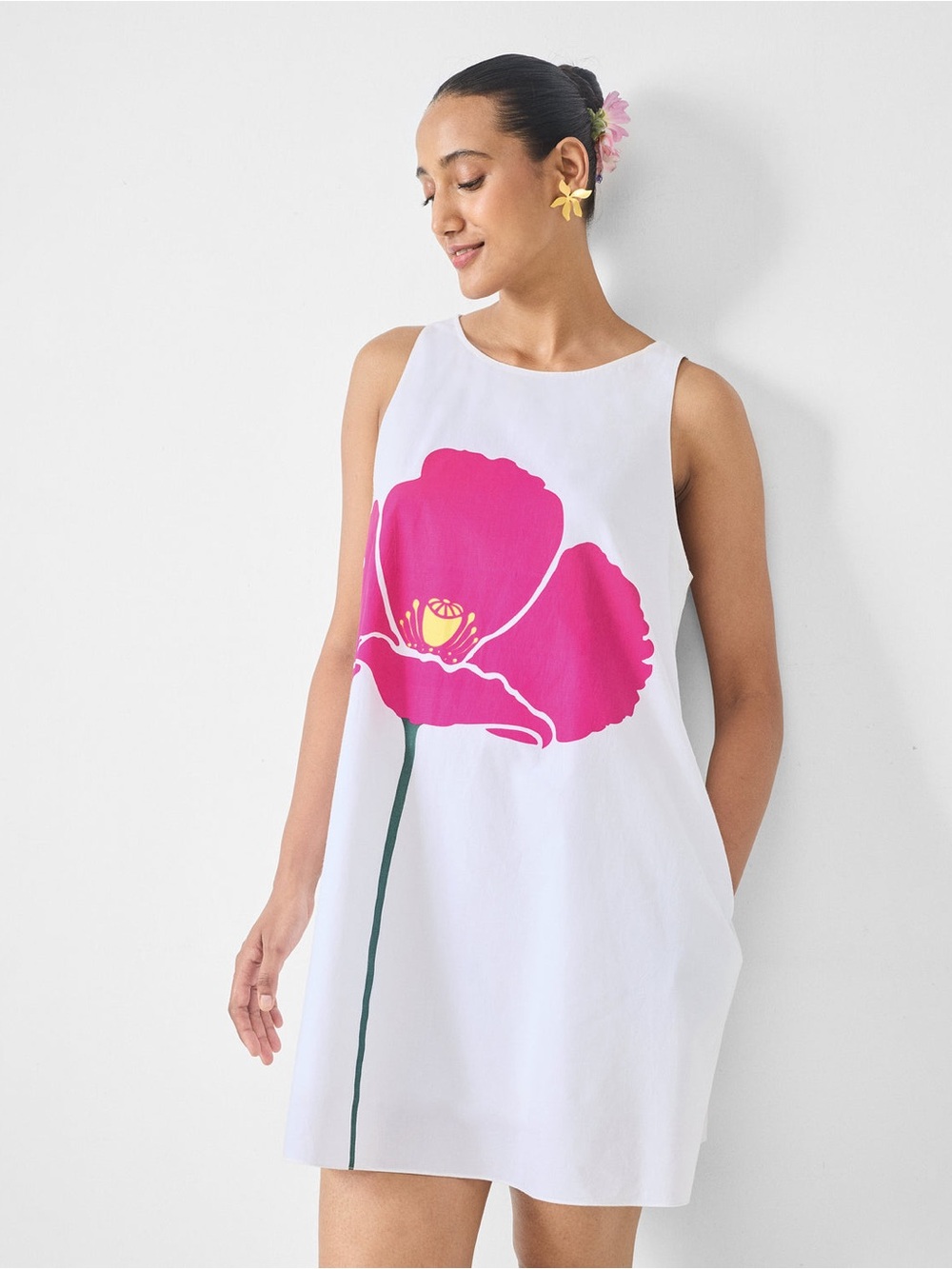 Nicobar White Racerback Shift Dress 100% Cotton Red Flower Quiet Luxury